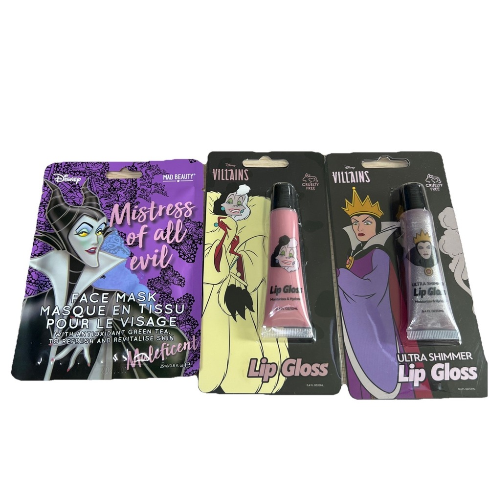 Disney VILLAINS Lot Of 3! Maleficent, Ursula, & Evil Queen Lip Gloss & Face Mask